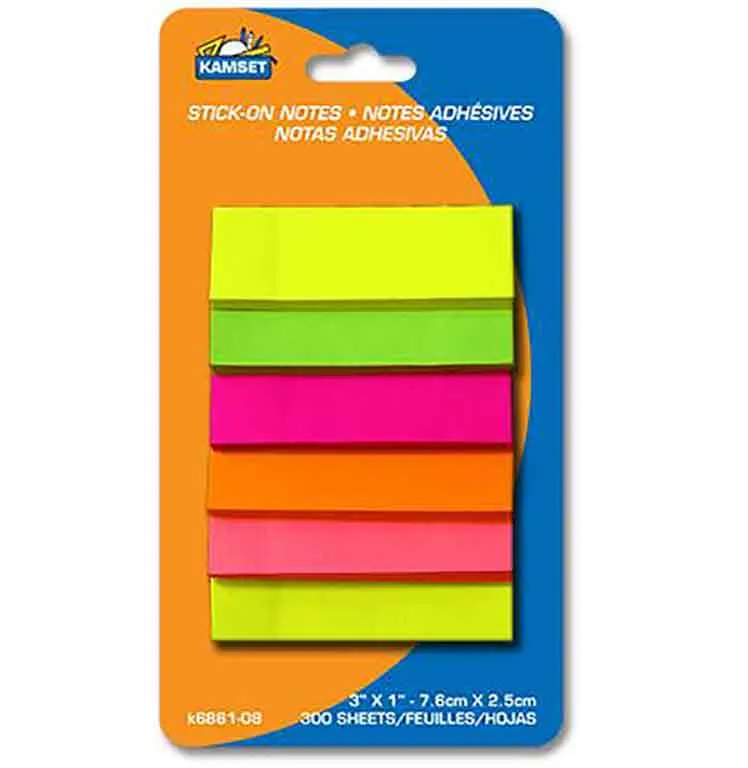 Notes adhésives, format marque page, 1 x 3 po.
