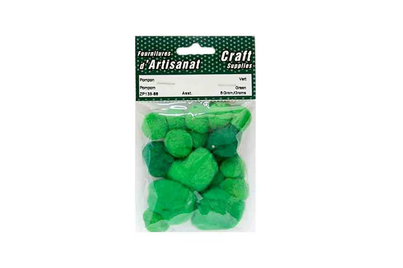 Pompons décoratifs, verts avec effet brillant métallique