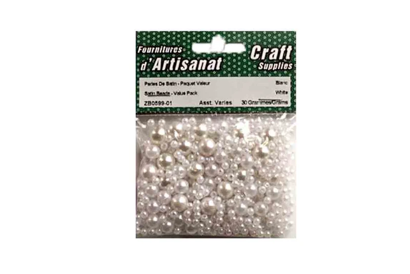 Perles de satin, plastique, blanc