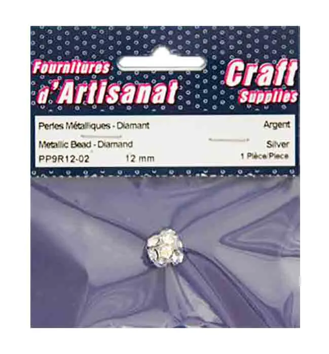 Perle/bille métallique avec ''diamants'', argent.