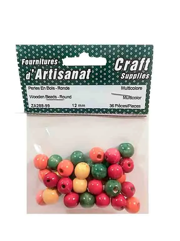Perles de bois rondes (12mm.), multicolores