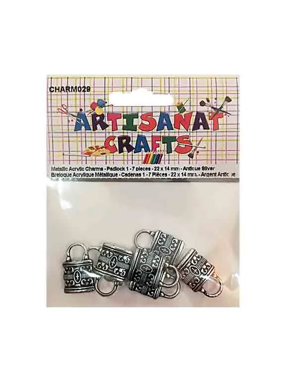 Breloque en acrylique style métallique, forme de cadenas, argent antique