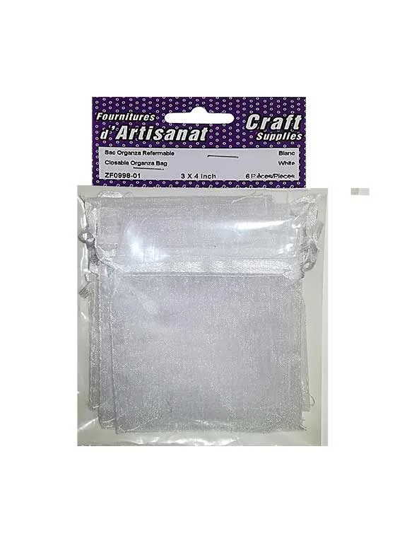 Sacs Organza 3x4 po. refermables, tissu transparent, blanc