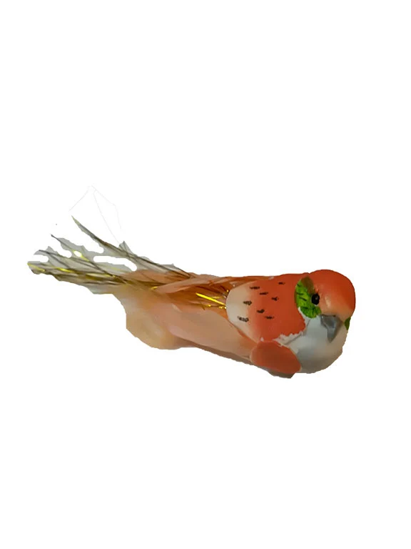 Oiseau décoratif plume orangées et dorées