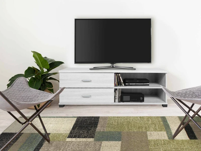 Mobile porta Tv con cassetti e ripiani in rovere sbiancato 120x40x43,5cm