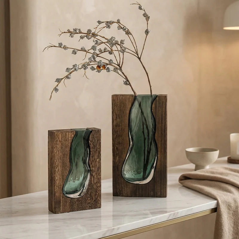 Glazen vaas met natuurlijke houtrand live edge stijl Scandinavisch design decoratief voor bloemen | Sansoti